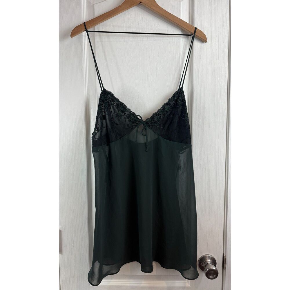Vintage Val Mode Green Black Lace Sheer Slip Gown Lingerie Women's L Large
